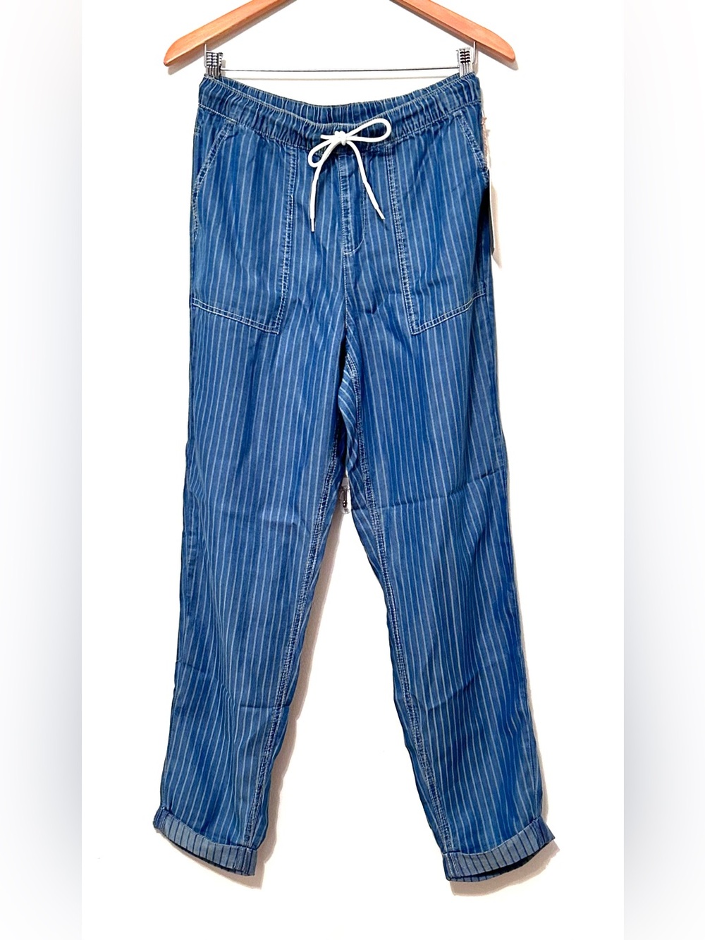 Indigo Rein Blue Pinstripe Casual Drawstring Pants w/ Elastic Waistband, Medium
